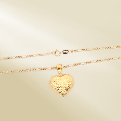 18K Yellow Gold Figaro Chain Necklace with Heart Pendant - Image 3
