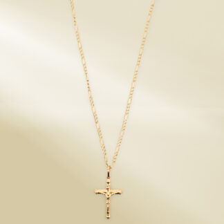 18K Yellow Gold Figaro Chain Necklace with Cross Pendant