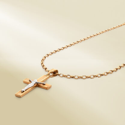 18K Yellow Gold Rolo Chain Necklace with Two-Tone Cross Pendant - Image 2