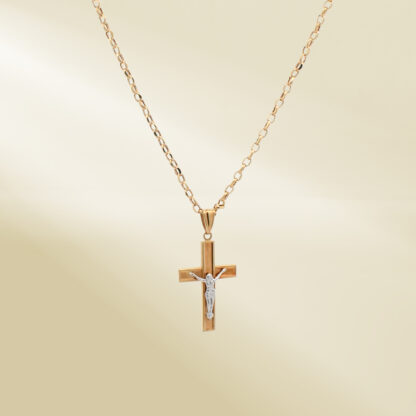 18K Yellow Gold Rolo Chain Necklace with Two-Tone Cross Pendant - Image 4