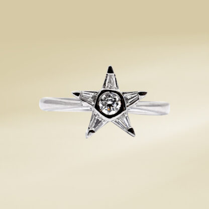 18K White Gold Ladies' Ring with Baguette and Round Cut Diamonds