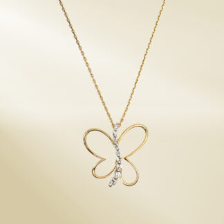 18K Yellow Gold Link Chain Necklace and Pendant with Round Cut Diamonds