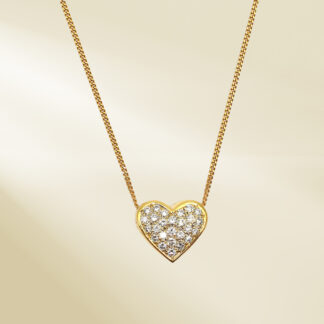 18K Yellow Gold Curb Chain Necklace and Pendant with Round Cut and Cluster Diamonds