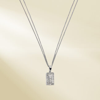 14K White Gold Link Chain Necklace and Pendant with Princess and Round Cut Diamonds