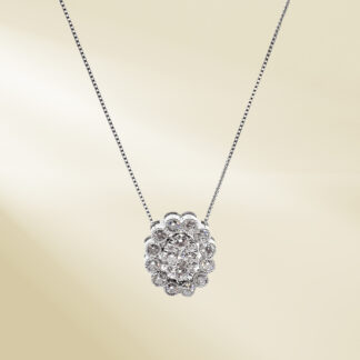 18K White Gold Box Chain Necklace and Pendant with Round Cut Diamonds