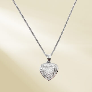 18K White Gold Link Chain Necklace and Pendant with Baguette and Round Cut Diamonds