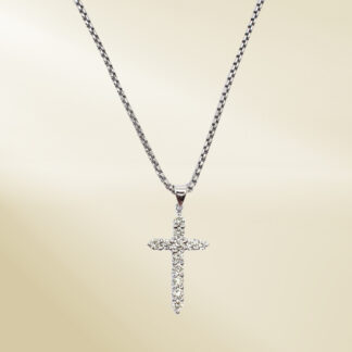 14K White Gold Box Chain Necklace and Pendant with Round Cut Diamonds