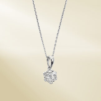 18K White Gold Link Chain Necklace and Pendant with Round Cut Diamonds