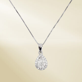 18K White Gold Box Chain Necklace and Pendant with Round Cut Diamonds
