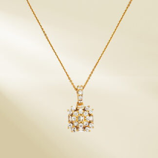 18K Yellow Gold Link Chain Necklace and Pendant with Baguette and Round Cut Diamonds