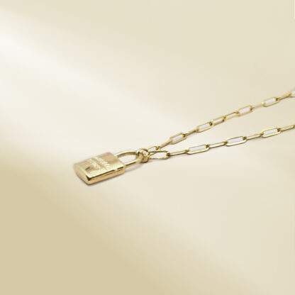 18K Yellow Gold Paperclip Chain Necklace with Brand-Inspired Pendant - Image 4