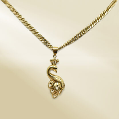 18K Yellow Gold Curb Chain Necklace with Peacock Pendant - Image 4