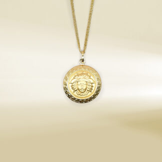 18K Yellow Gold Curb Chain Necklace with Medusa Pendant