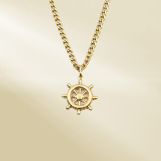 18K Yellow Gold Curb Chain Necklace with Steering Wheel Pendant