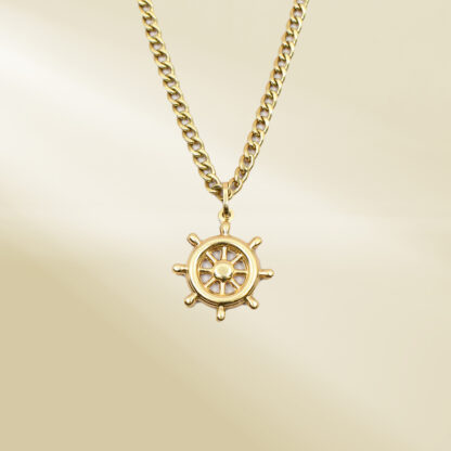18K Yellow Gold Curb Chain Necklace with Steering Wheel Pendant