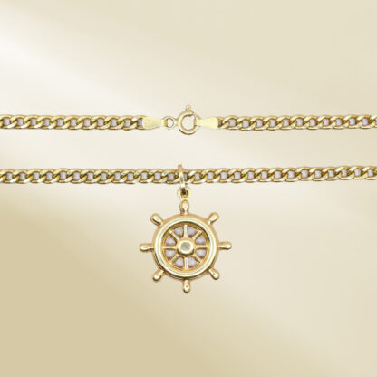 18K Yellow Gold Curb Chain Necklace with Steering Wheel Pendant - Image 3