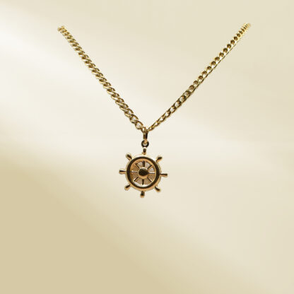 18K Yellow Gold Curb Chain Necklace with Steering Wheel Pendant - Image 4
