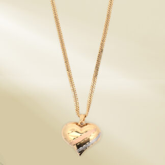 18K Yellow Gold Curb Chain Necklace with Tri-Color Heart Pendant