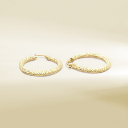 18K Yellow Gold Textured Hoop Earrings - Image 3