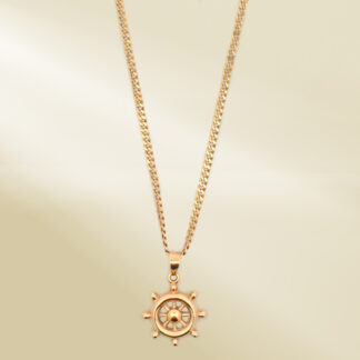 18K Yellow Gold Curb Chain Necklace with Steering Wheel Pendant