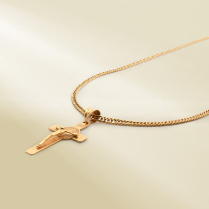 18K Yellow Gold Curb Chain Necklace with Cross Pendant - Image 2