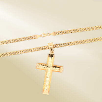 18K Yellow Gold Curb Chain Necklace with Cross Pendant - Image 3