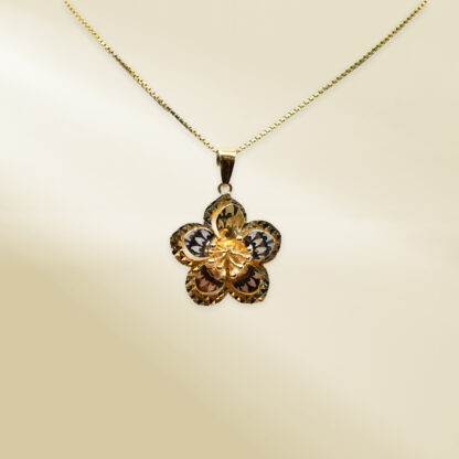 18K Yellow Gold Box Chain Necklace with Tri-Color Flower Pendant - Image 2