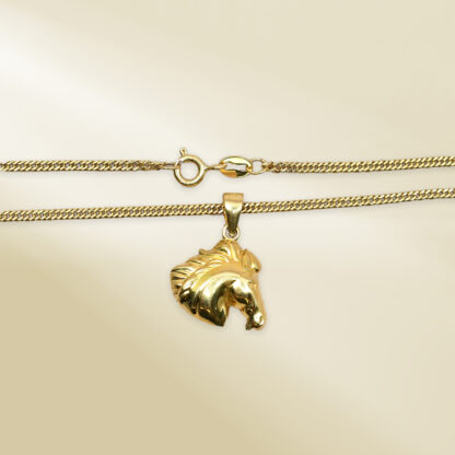 18K Yellow Gold Curb Chain Necklace with Horse Pendant - Image 3