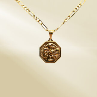 18K Yellow Gold Figaro Chain Necklace with Dragon Pendant