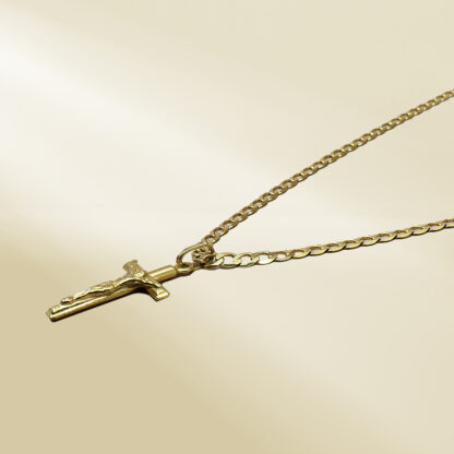 18K Yellow Gold Curb Chain Necklace with Cross Pendant - Image 2