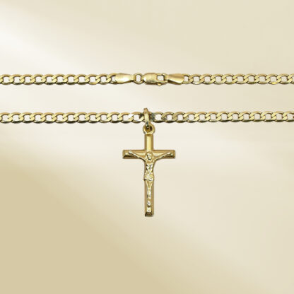 18K Yellow Gold Curb Chain Necklace with Cross Pendant - Image 3