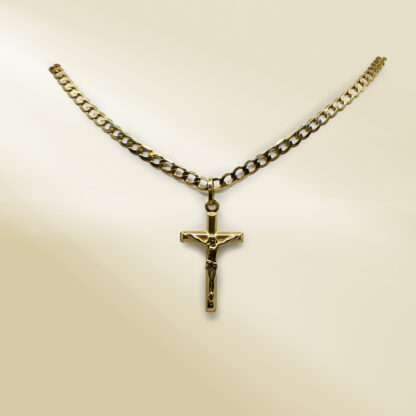 18K Yellow Gold Curb Chain Necklace with Cross Pendant - Image 4