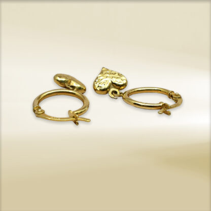18K Yellow Gold Hoop with Heart Dangle Earrings - Image 3