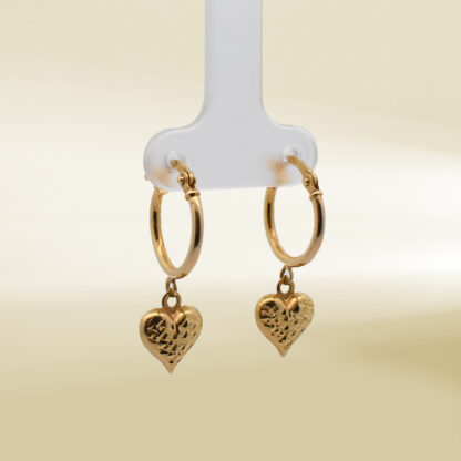 18K Yellow Gold Hoop with Heart Dangle Earrings - Image 4