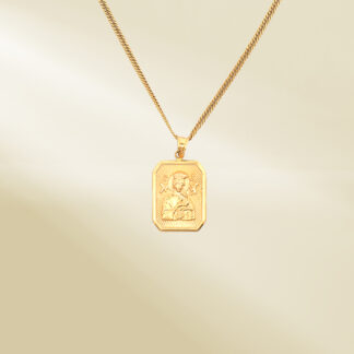 18K Yellow Gold Curb Chain Necklace with Religious Pendant