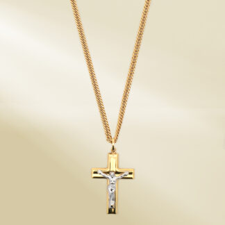 18K Yellow Gold Curb Chain Necklace with Two-Tone Cross Pendant