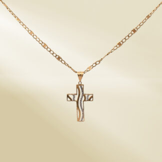 18K Yellow Gold Figaro Chain Necklace with Tri-Color Cross Pendant