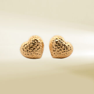 18K Yellow Gold Puffy Heart Diamond Cut Design Earrings