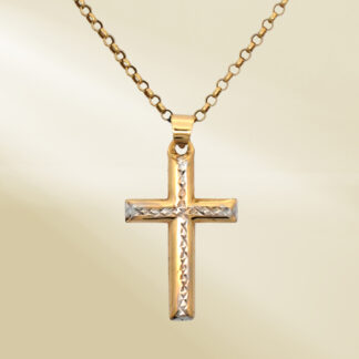 18K Yellow Gold Rolo Chain Necklace with Two-Tone Cross Pendant