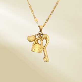 18K Yellow Gold Dancing Chain Necklace with Heart and Lock Pendant